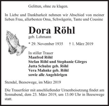 Traueranzeige von Dora Röhl (geb. Lehmann)  von Magdeburger Volksstimme