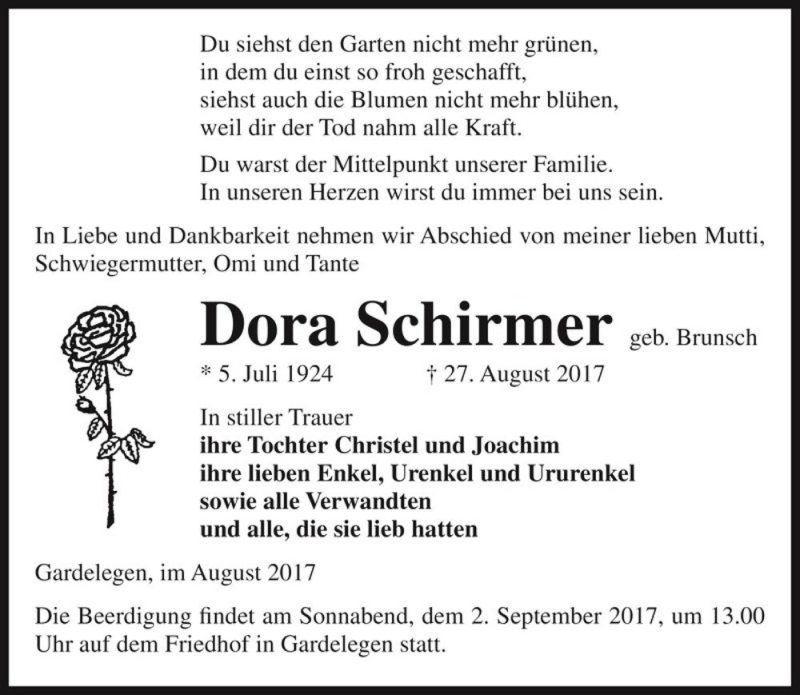  Traueranzeige für Dora Schirmer (geb. Brunsch)  vom 30.08.2017 aus Magdeburger Volksstimme