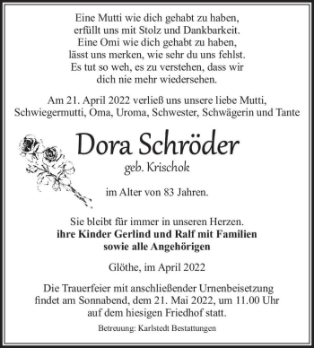 Traueranzeige von Dora Schröder (geb. Krischok)  von Magdeburger Volksstimme
