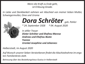 Traueranzeige von Dora Schröter (geb. Pohler)  von Magdeburger Volksstimme