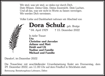 Traueranzeige von Dora Schulz (geb. Bratge)  von Magdeburger Volksstimme