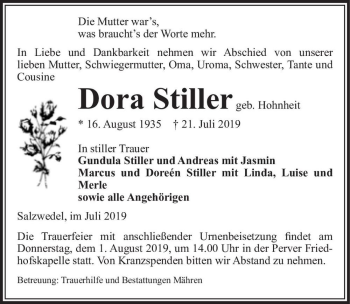 Traueranzeige von Dora Stiller (geb. Hohnheit)  von Magdeburger Volksstimme