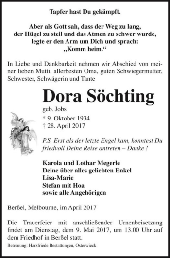 Traueranzeige von Dora Söchting (geb. Jobs)  von Magdeburger Volksstimme