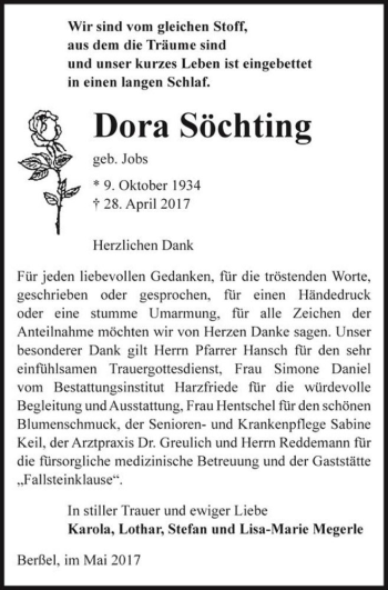 Traueranzeige von Dora Söchting (geb. Jobs)  von Magdeburger Volksstimme