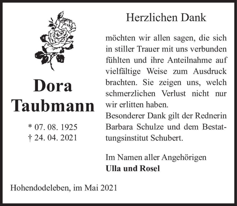  Traueranzeige für Dora Taubmann  vom 22.05.2021 aus Magdeburger Volksstimme