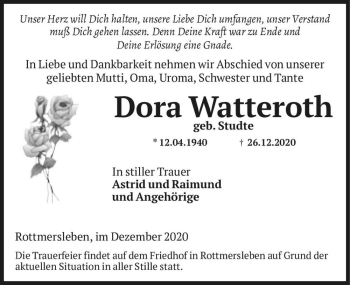 Traueranzeige von Dora Watteroth (geb. Studte)  von Magdeburger Volksstimme