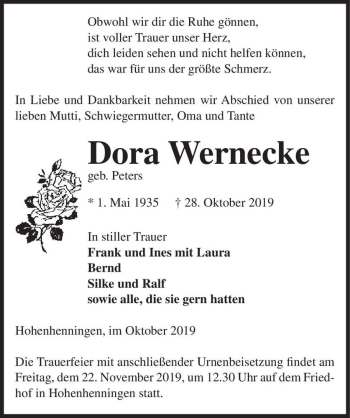 Traueranzeige von Dora Wernecke (geb. Peters)  von Magdeburger Volksstimme
