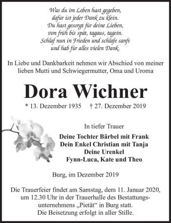 Traueranzeige von Dora Wichner  von Magdeburger Volksstimme