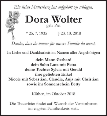 Traueranzeige von Dora Wolter (geb. Piel)  von Magdeburger Volksstimme