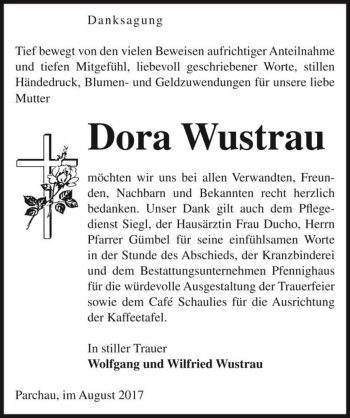 Traueranzeige von Dora Wustrau  von Magdeburger Volksstimme