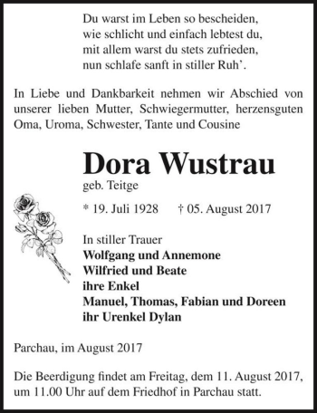 Traueranzeige von Dora Wustrau (geb. Teitge)  von Magdeburger Volksstimme