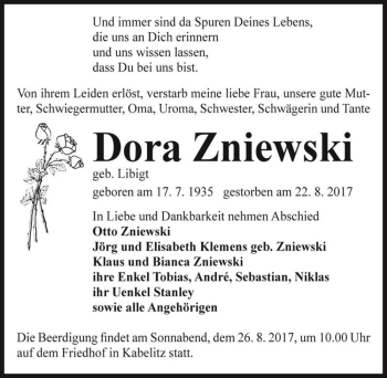 Traueranzeige von Dora Zniewski (geb. Libigt)  von Magdeburger Volksstimme