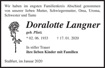 Traueranzeige von Doralotte Langner (geb. Plietz)  von Magdeburger Volksstimme
