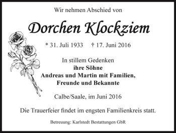 Traueranzeige von Dorchen Klockziem  von Magdeburger Volksstimme