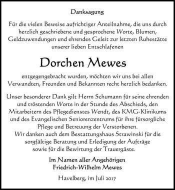 Traueranzeige von Dorchen Mewes  von Magdeburger Volksstimme