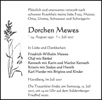 Traueranzeige von Dorchen Mewes  von Magdeburger Volksstimme