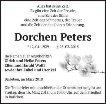 Traueranzeige von Dorchen Peters  von Magdeburger Volksstimme