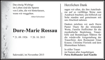 Traueranzeige von Dore-Marie Rossau  von Magdeburger Volksstimme