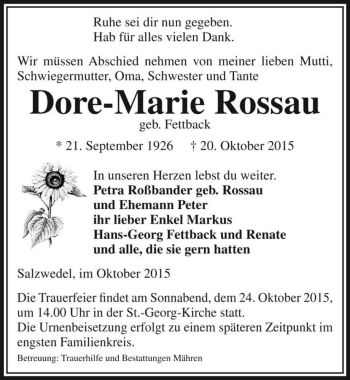 Traueranzeige von Dore-Marie Rossau (geb. Fettback)  von Magdeburger Volksstimme