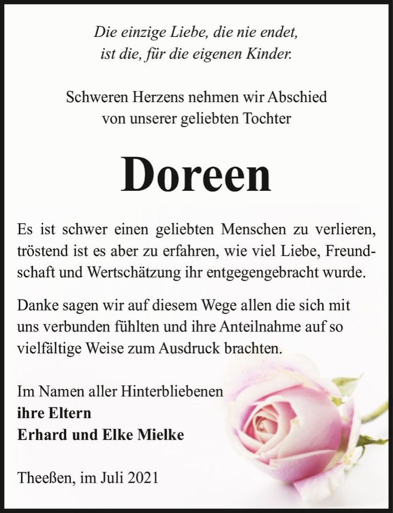  Traueranzeige für Doreen  vom 31.07.2021 aus Magdeburger Volksstimme