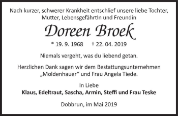 Traueranzeige von Doreen Broek  von Magdeburger Volksstimme