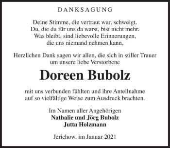 Traueranzeige von Doreen Bubolz  von Magdeburger Volksstimme