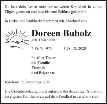 Traueranzeige von Doreen Bubolz (geb. Holzmann)  von Magdeburger Volksstimme