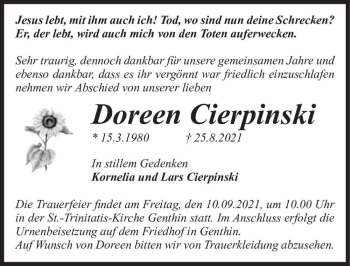 Traueranzeige von Doreen Cierpinski  von Magdeburger Volksstimme