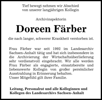 Traueranzeige von Doreen Färber  von Magdeburger Volksstimme