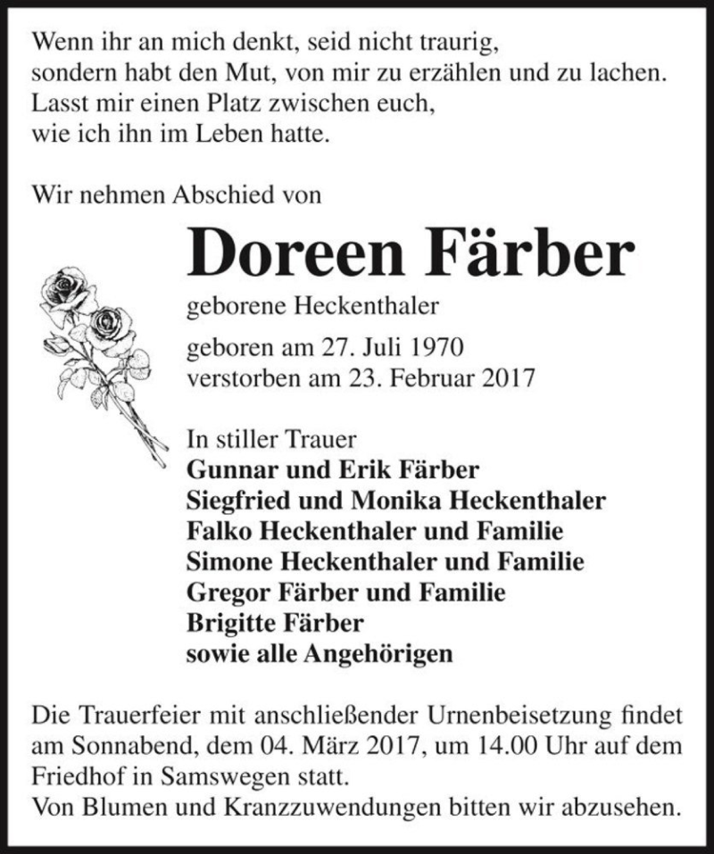  Traueranzeige für Doreen Färber (geb. Heckenthaler)  vom 28.02.2017 aus Magdeburger Volksstimme
