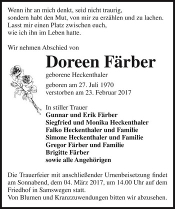 Traueranzeige von Doreen Färber (geb. Heckenthaler)  von Magdeburger Volksstimme