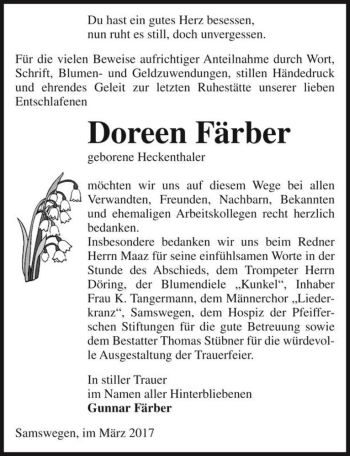 Traueranzeige von Doreen Färber (geb. Heckenthaler)  von Magdeburger Volksstimme