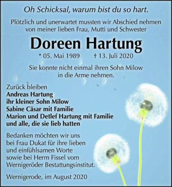 Traueranzeige von Doreen Hartung  von Magdeburger Volksstimme
