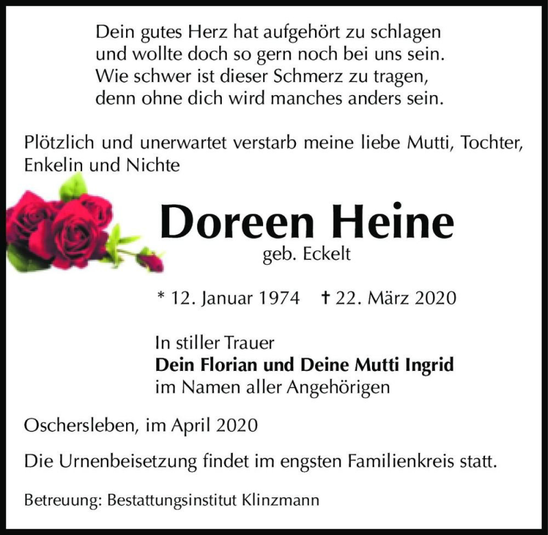  Traueranzeige für Doreen Heine (geb. Eckelt)  vom 11.04.2020 aus Magdeburger Volksstimme