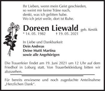 Traueranzeige von Doreen Liewald (geb. Kestik)  von Magdeburger Volksstimme