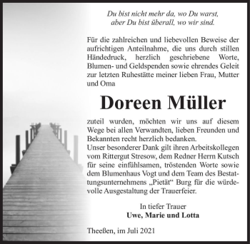 Traueranzeige von Doreen Müller  von Magdeburger Volksstimme