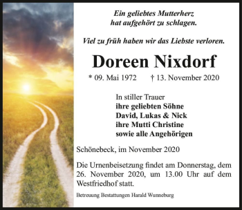 Traueranzeige von Doreen Nixdorf  von Magdeburger Volksstimme