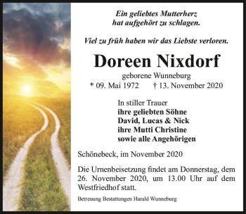 Traueranzeige von Doreen Nixdorf (geb. Wunneburg)  von Magdeburger Volksstimme
