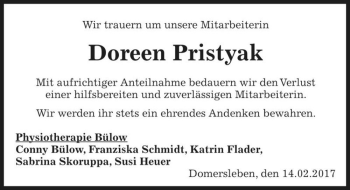 Traueranzeige von Doreen Pristyak  von Magdeburger Volksstimme