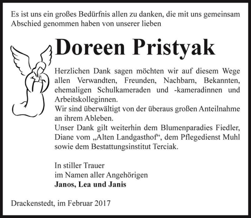  Traueranzeige für Doreen Pristyak  vom 25.02.2017 aus Magdeburger Volksstimme