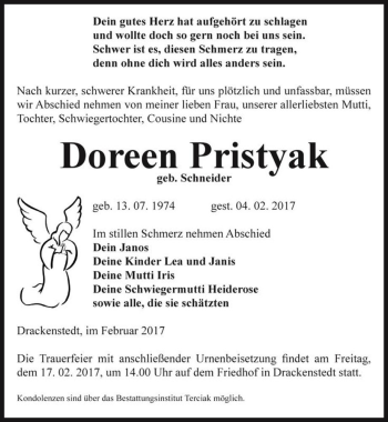 Traueranzeige von Doreen Pristyak (geb. Schneider)  von Magdeburger Volksstimme