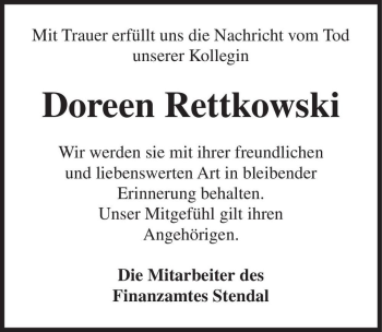 Traueranzeige von Doreen Rettkowski  von Magdeburger Volksstimme