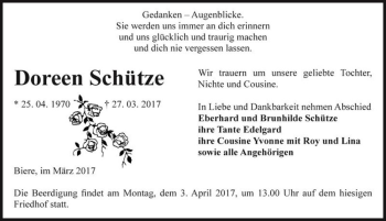 Traueranzeige von Doreen Schütze  von Magdeburger Volksstimme