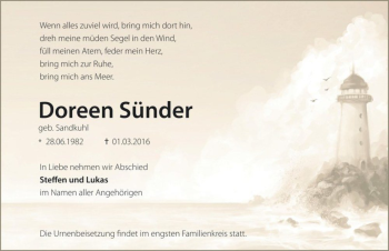 Traueranzeige von Doreen Sünder (geb. Sandkuhl)  von Magdeburger Volksstimme