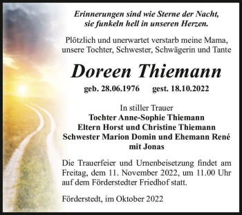 Traueranzeige von Doreen Thiemann  von Magdeburger Volksstimme