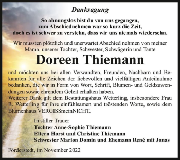 Traueranzeige von Doreen Thiemann  von Magdeburger Volksstimme