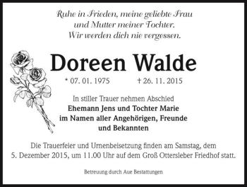 Traueranzeige von Doreen Walde  von Magdeburger Volksstimme