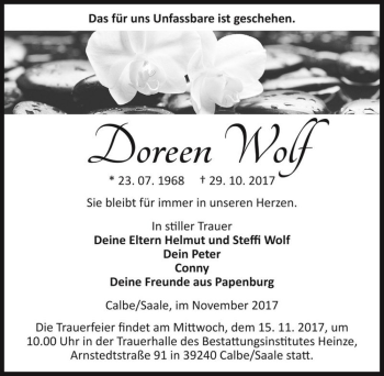 Traueranzeige von Doreen Wolf  von Magdeburger Volksstimme
