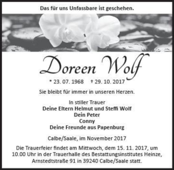 Traueranzeige von Doreen Wolf  von Magdeburger Volksstimme