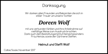 Traueranzeige von Doreen Wolf  von Magdeburger Volksstimme